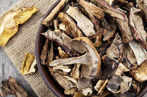 Dried mushrooms in a plate. View from above.