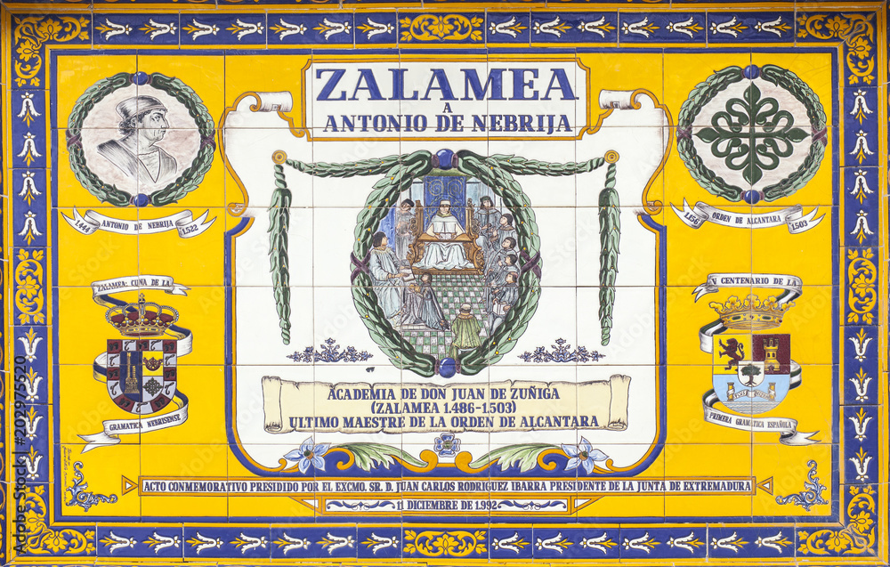 Memorial plaque that pay tribute Nebrija, the first spanish languaje gramarian who lived in Zalamea