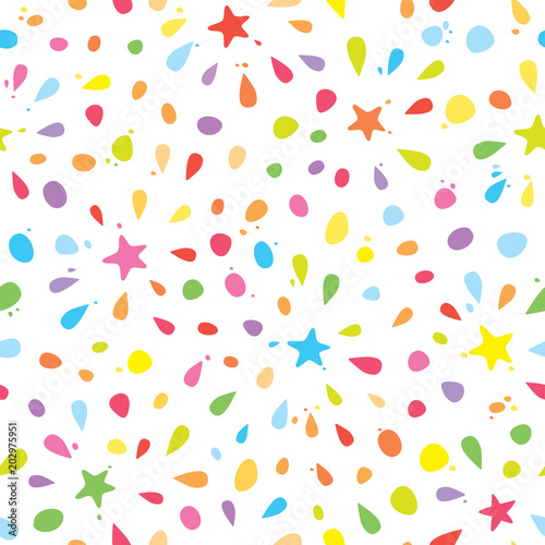 Colorful seamless pattern with confetti, stars and splashes. For birthday celebration. Vector