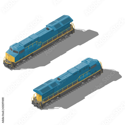 Freight diesel locomotive isometric low poly icon set