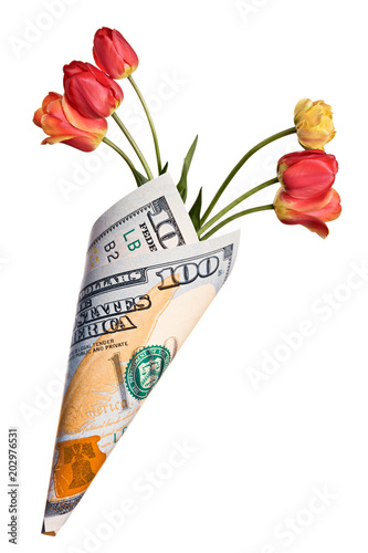 Quadro su tela Paper bag out of one hundred dollars with colorful tulip flowers isolated on a w