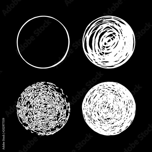 Set of hand drawn scribble circles. Vector logo design elements. White on black background