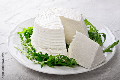 Ricotta cheese with arugula on plaster background photo