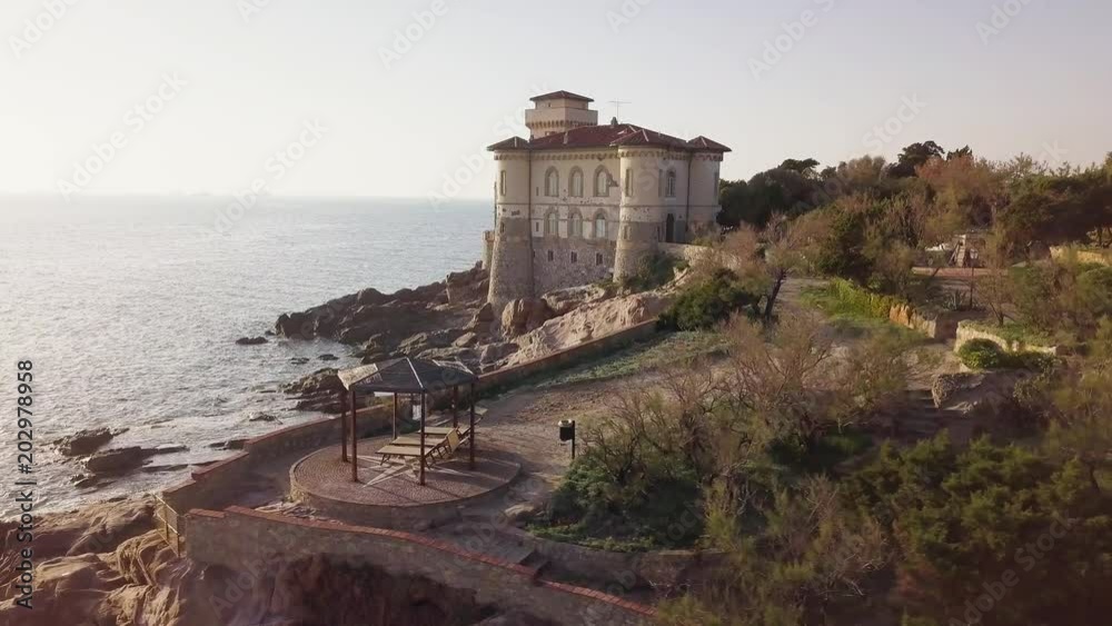 Castello del Boccale in Toscana in riva al mare. Vista aerea con Drone. Castello del Boccale in Toscana in riva al mare. Vista aerea con Drone.