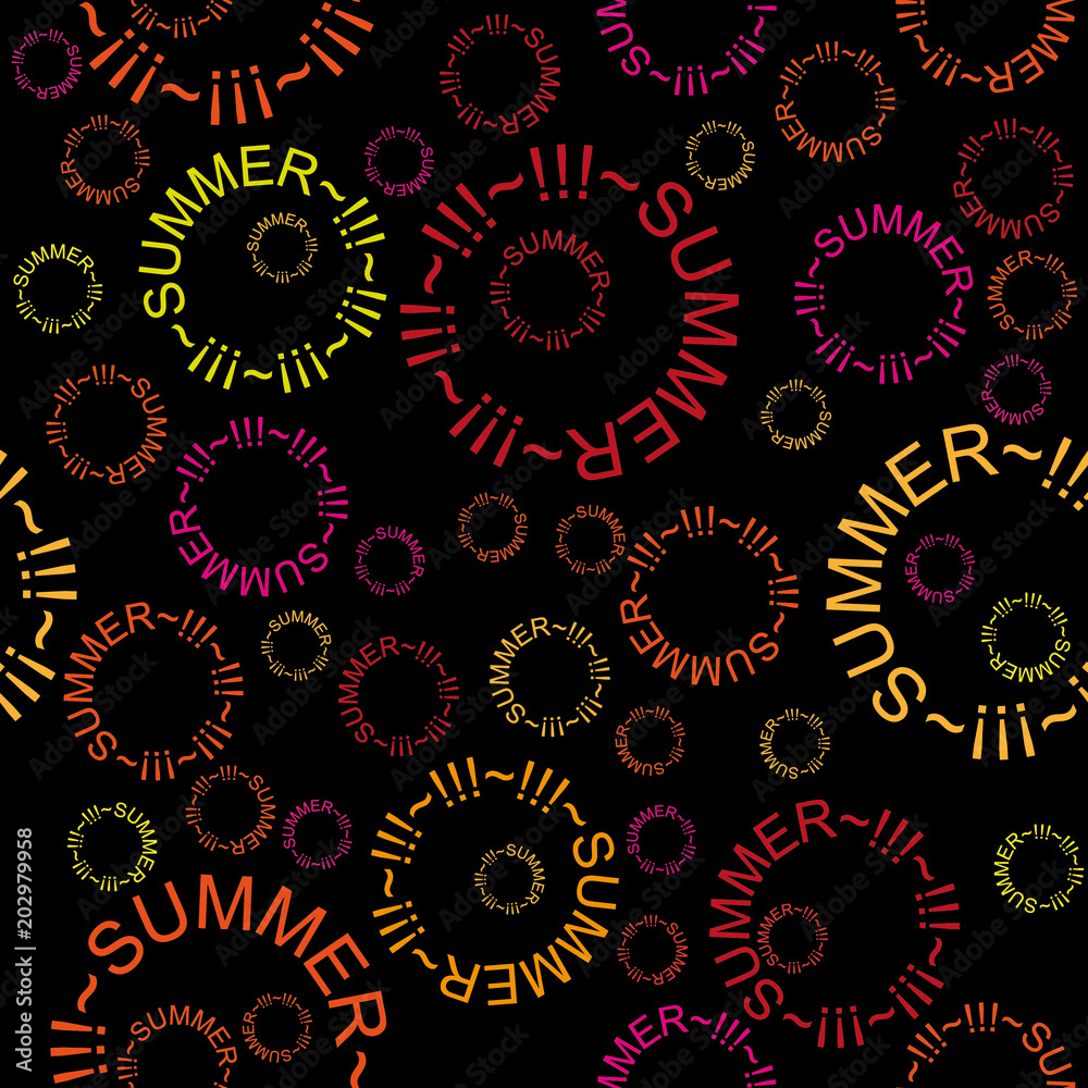 Colored circles on a black background. Seamless modern pattern with the inscription: summer. Colored circles on a black background. Seamless modern pattern with the inscription: summer.