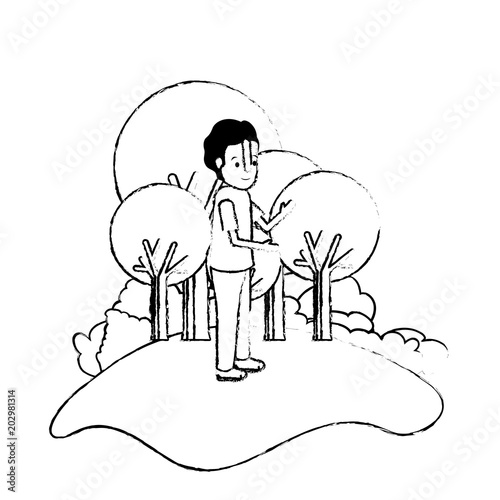 isometric little boy in field landscape character vector illustration design