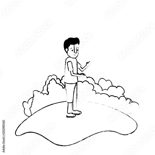 isometric little boy in field landscape character vector illustration design