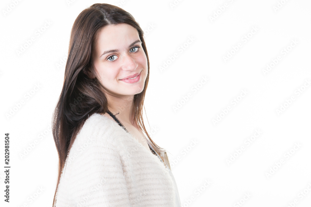 young beautiful brunette girl smiling looking at camera in white background young beautiful brunette girl smiling looking at camera in white background