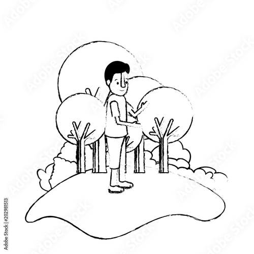 isometric little boy in field landscape character vector illustration design