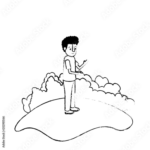 isometric little boy in field landscape character vector illustration design
