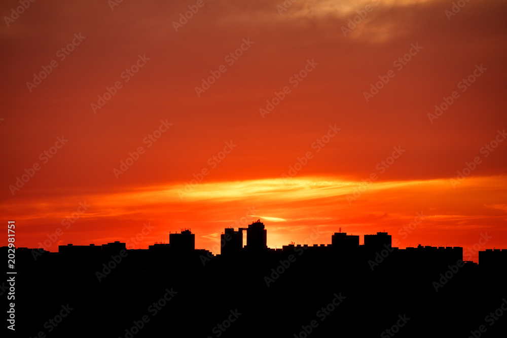 Modern city skyline with beautiful sunset