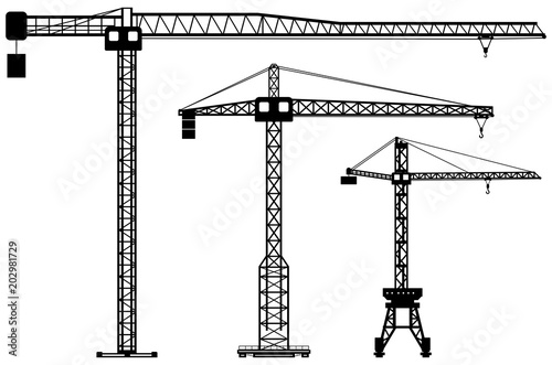 Set of different silhouettes building tower cranes. Heavy equipment and machinery. Construction machine. Vector illustration