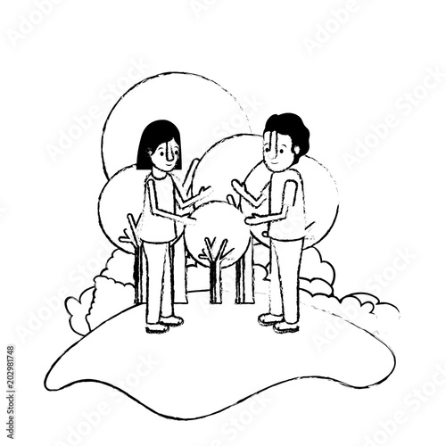 isometric little kids couple in field landscape character vector illustration