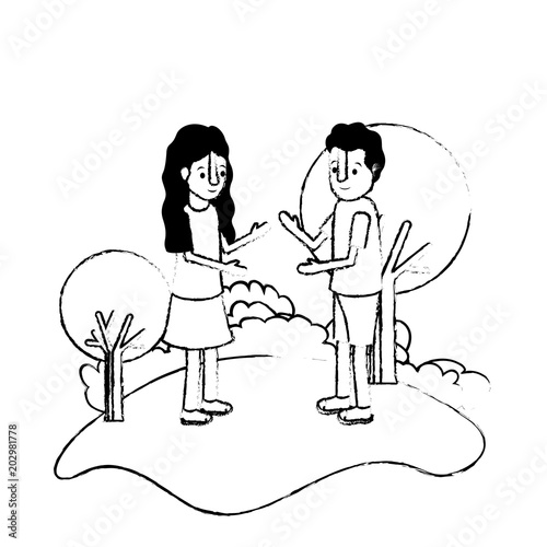 isometric little kids couple in field landscape character vector illustration