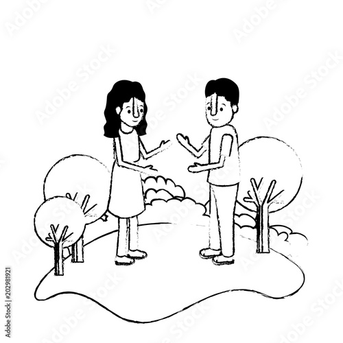 couple isometrics in field landscape avatars characters vector illustration