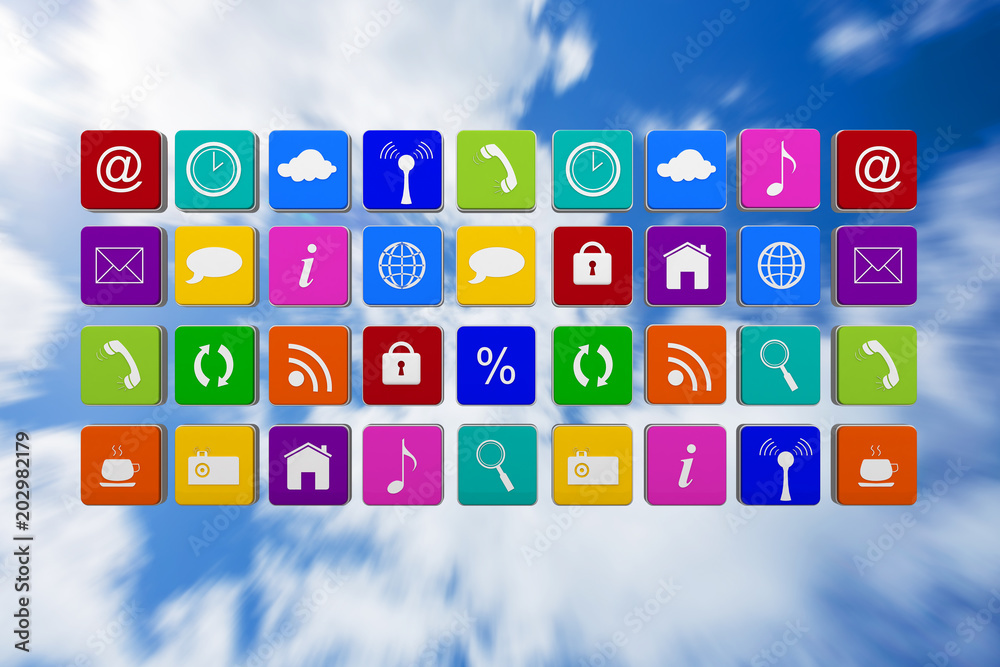 App wall against bright blue sky with clouds App wall against bright blue sky with clouds