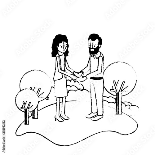 couple isometrics in field landscape avatars characters vector illustration