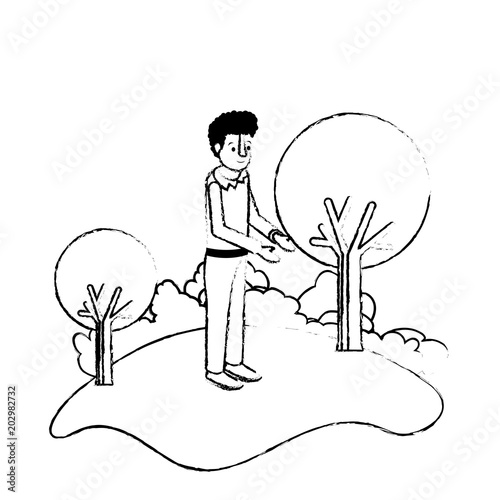 isometric man in field landscape avatar character vector illustration design