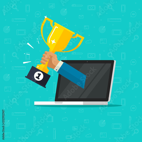 Online award goal achievement vector, flat cartoon laptop computer and success winner golden cup prize, first place victory, competition winner, digital or electronic reward, internet web champion
