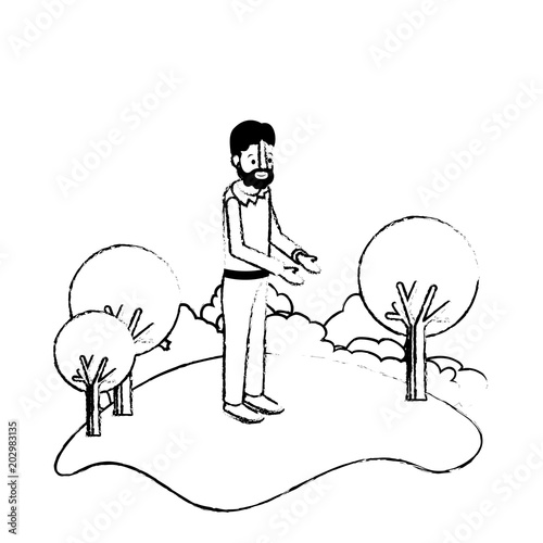 isometric man with beard in field landscape avatar character vector illustration