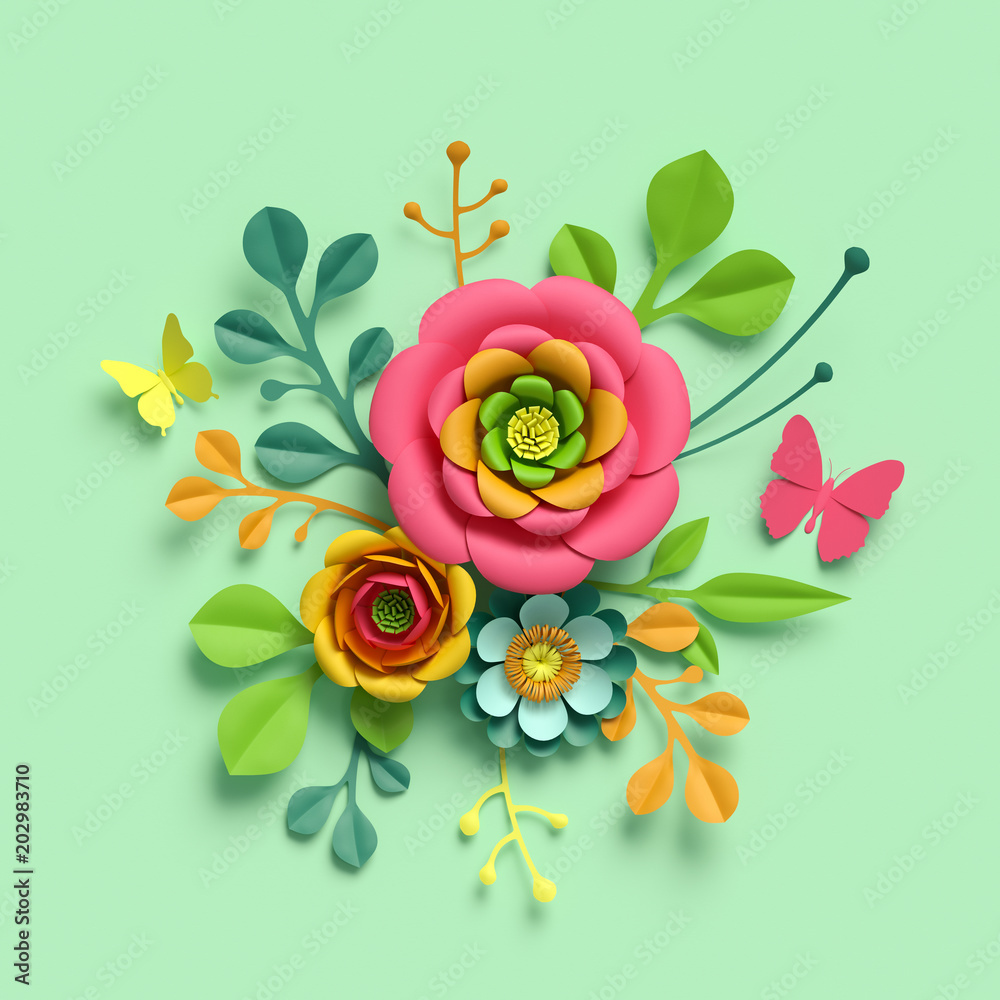 3d render, craft paper flowers, round floral bouquet, botanical  arrangement, bright candy colors, nature clip art isolated on mint green  background, decorative embellishment ilustración de Stock | Adobe Stock