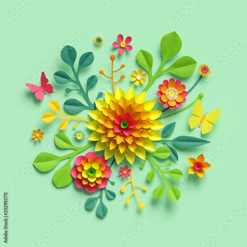 Fototapeta Naklejka Na Ścianę i Meble -  3d render, craft paper flowers, Easter spring floral bouquet, yellow dahlia, botanical arrangement, bright candy colors, nature clip art isolated on mint green background, decorative embellishment