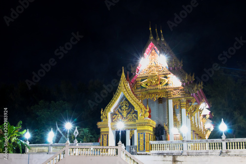 The building of buddhist temple at night. Phuket, Thailand.