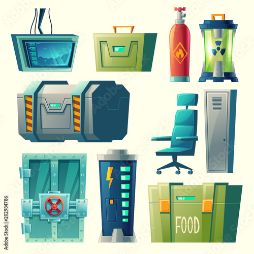 Vector set for scientific laboratory, interior of secret bunker with lab devices, equipment. Cartoon post-apocalyptic game collection. Base for creation