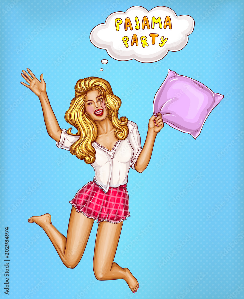 Φωτογραφία Vector illustration of pajamas party - pop art jumping girl with violet pillow in her hand and bubble speech isolated on blue dotted background