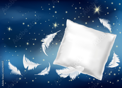 Vector 3d realistic illustration with white pillow and feathers isolated on blue night background. Mock up with soft cushion for comfortable sleep and sweet dreaming