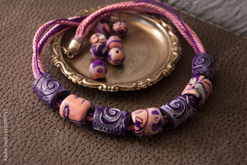 Pink purple necklace. Fashion accessories. Handmade jewelry from polymer clay. Unique beads.