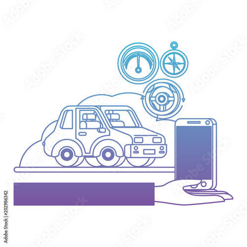 isometric car and smartphone with gps application vector illustration design