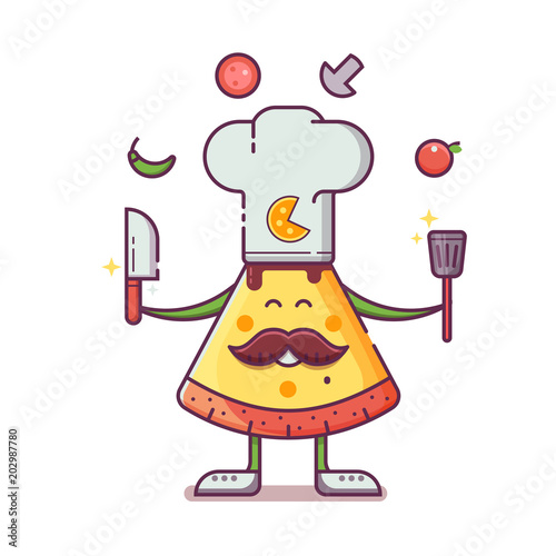 Smiling chief-cooker pizza man in chef hat with mustache juggling ingredients. Italian pizza cooking and making concept mascot for logo in flat design.