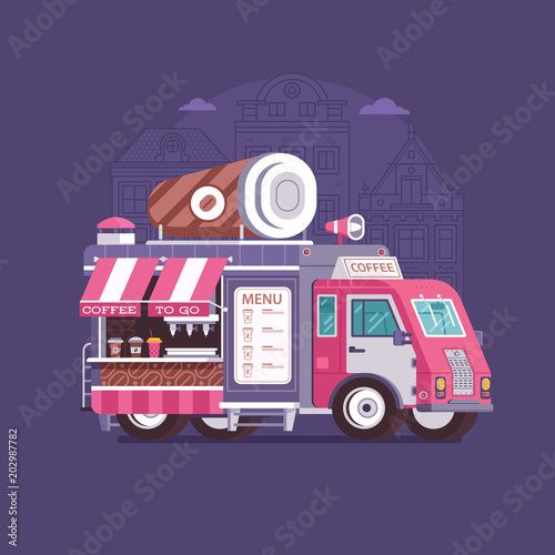 Retro coffee van in flat design. City street food truck with cafe cup. Summer kitchen auto kiosk in flat design. Cartoon car with food on wheels illustration. Vintage cartoon minivan with beverages.