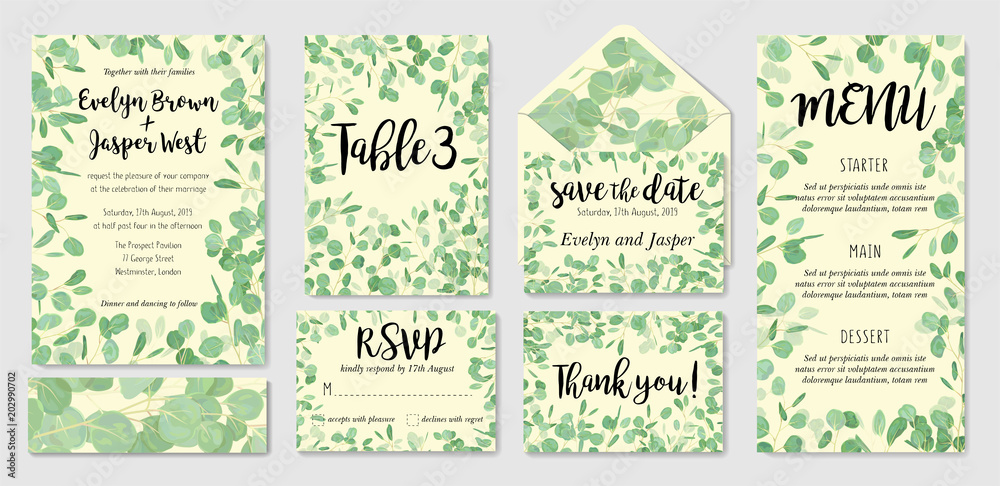 Set of creative botanical vector cards with eucalyptus. Forest invite design for brochure, poster, flyer. Template for Wedding invitation, rsvp, menu, number table. Set of creative botanical vector cards with eucalyptus. Forest invite design for brochure, poster, flyer. Template for Wedding invitation, rsvp, menu, number table.