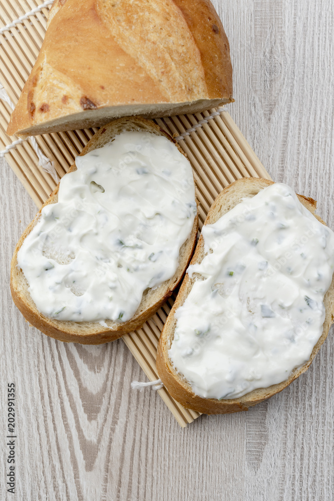 Bread with cheese spread Bread with cheese spread