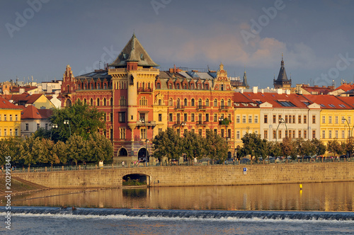 View to the Prague Old Town (Smetanovo Nabrezi) from the Vltava river. photo