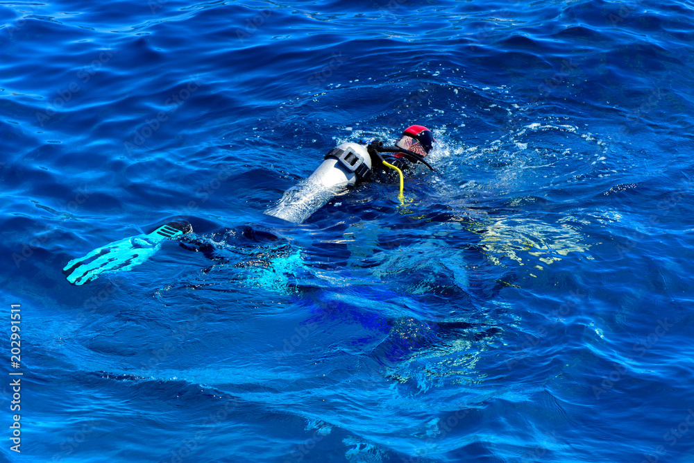 Fototapeta premium Divers on the clear and turquoise Red Sea on immersion in beautiful corals and colorful fish. The teacher teaches the student the rules of immersion in water. Summer, vacation. Egypt