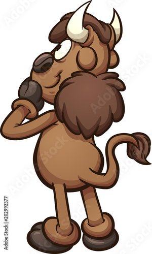 Cartoon bison reading something. Vector clip art illustration. All in a single layer. 