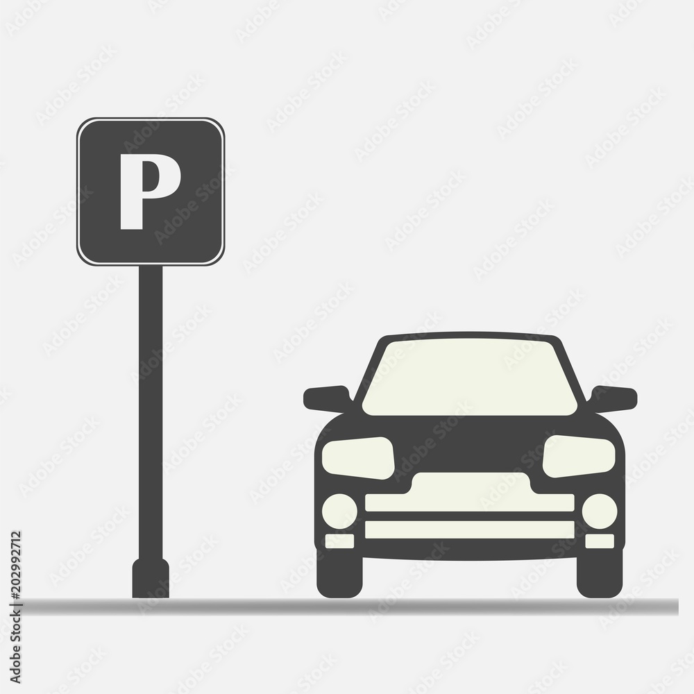 Vector illustration of a parking zone. Parking sign and machine icon on a gray background. Vector illustration of a parking zone. Parking sign and machine icon on a gray background.