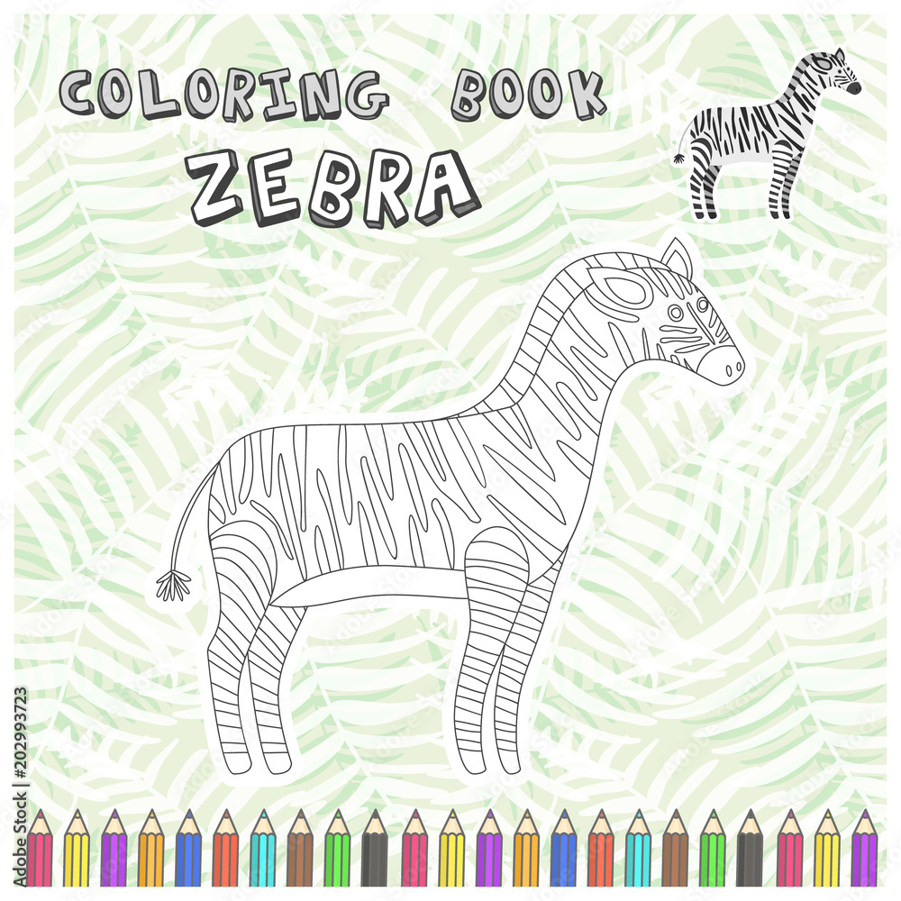 Obraz premium Cute cartoon smiling zebra silhouette for coloring book. Childish flat illustration of outline striped horse for kids app design, educational and fun color games