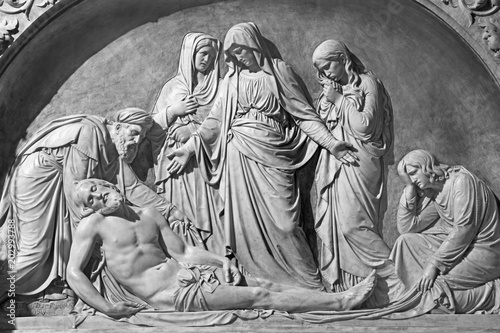 TURIN, ITALY - MARCH 16, 2017: The the relief of Deposition of the cross (Pieta) in church Chiesa di San Massimo by Salvatore Revelli (1816 - 1859).