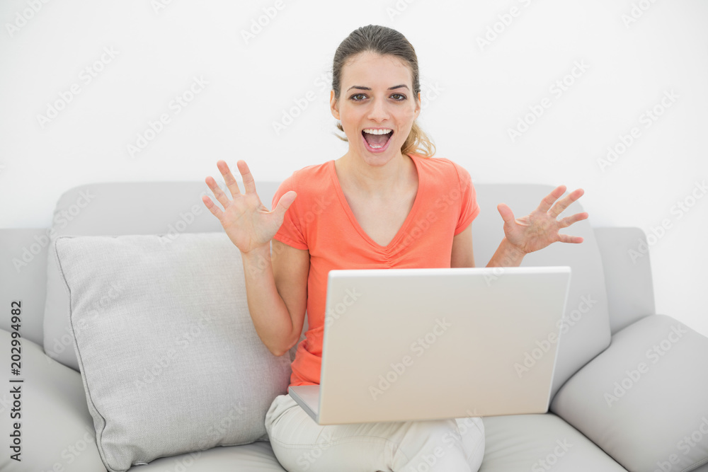 Portrait of cute cheering woman using her notebook sitting on couch Portrait of cute cheering woman using her notebook sitting on couch