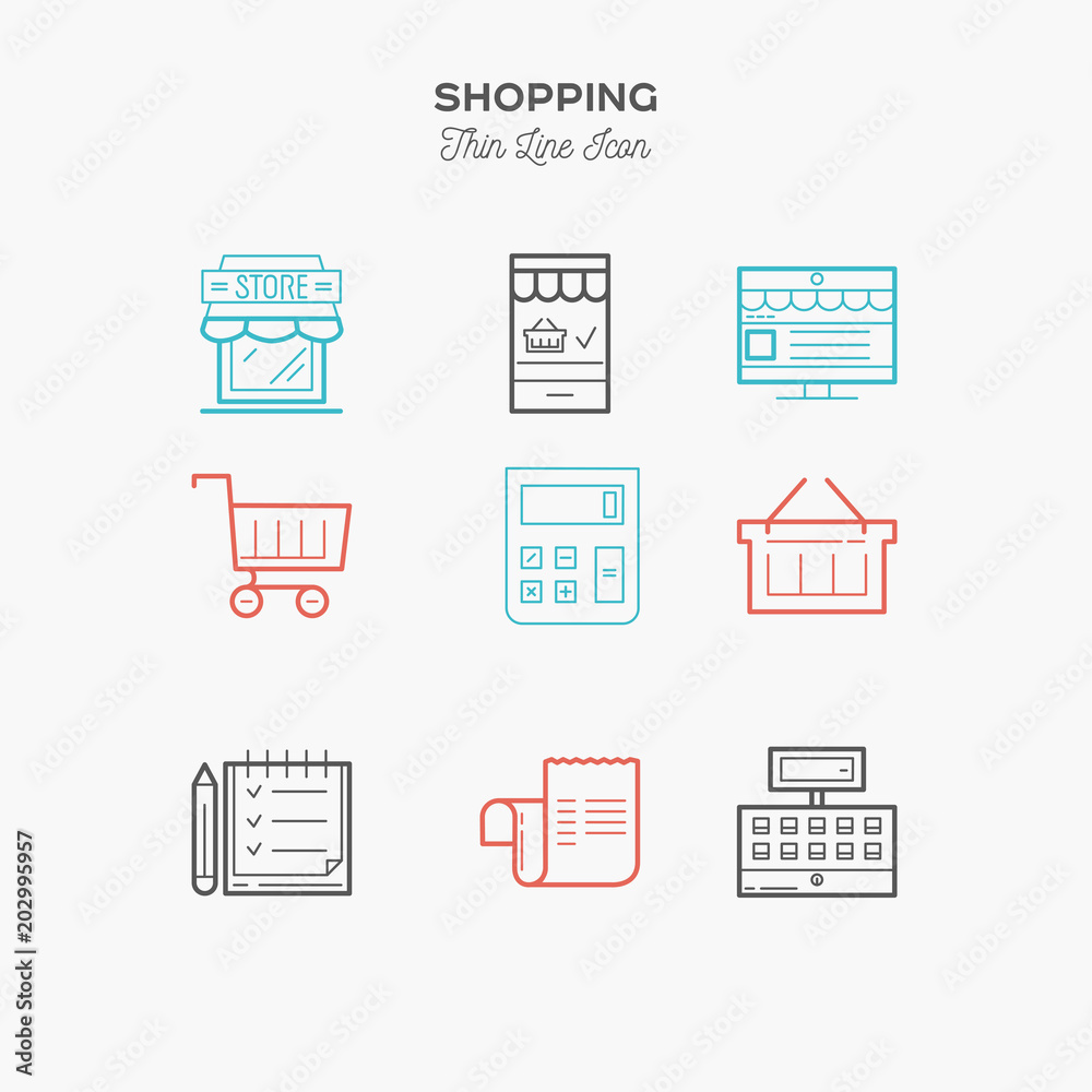 Shopping, retail, delivery, gift card, discount and more, thin line color icons set, vector illustration Shopping, retail, delivery, gift card, discount and more, thin line color icons set, vector illustration