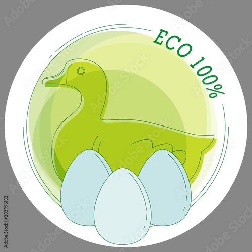 Sticker Eco 100% with a picture of duck eggs in the style of line art. Vector. For printing stickers, stickers, symbols of the product