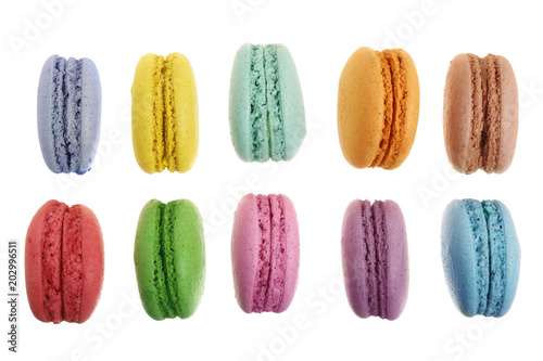 colored macaroons isolated on white background without a shadow closeup. Top view. Flat lay photo