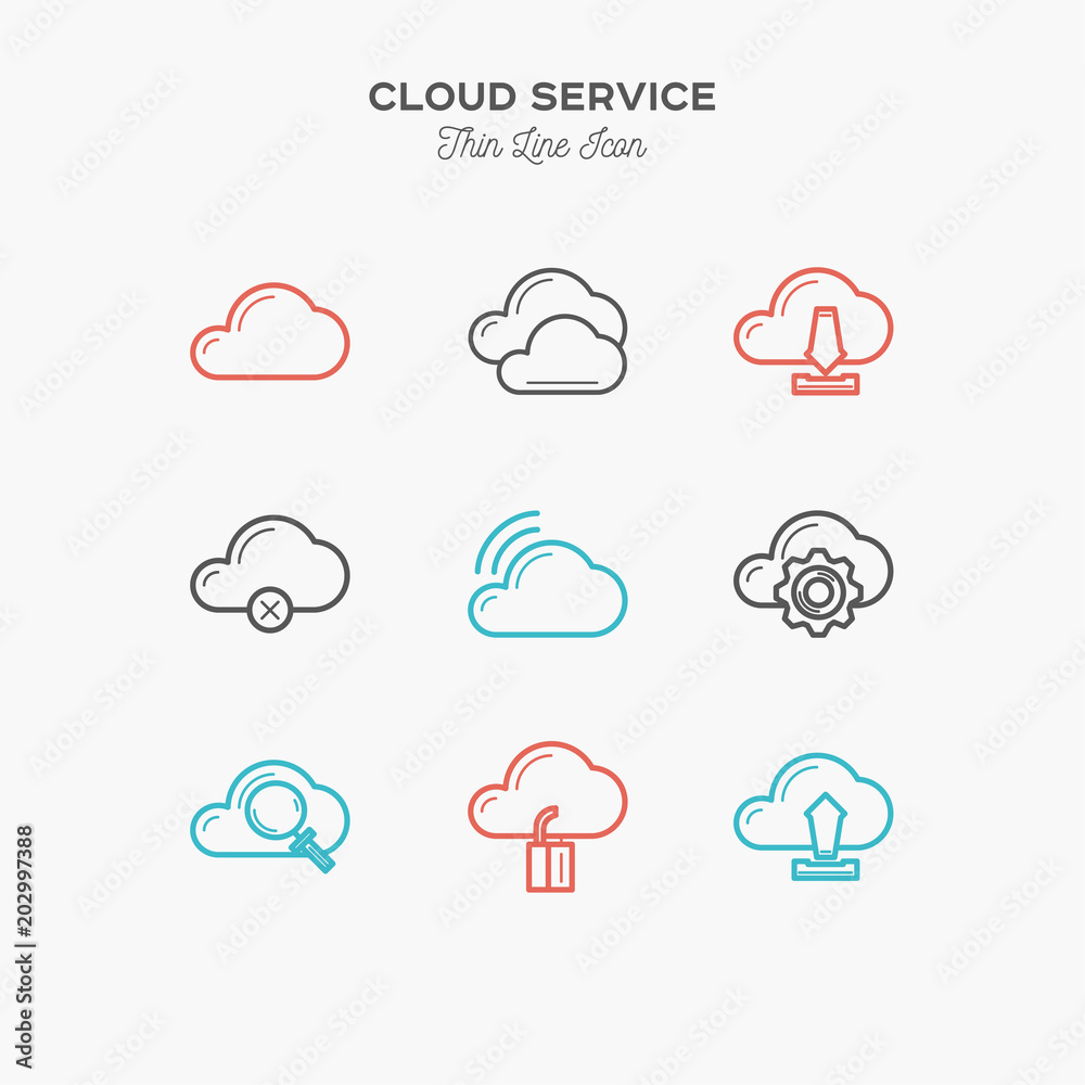 Cloud service icons sings set. Thin line art icons. Flat style illustrations isolated on white. Line icons for design projects. Cloud service icons sings set. Thin line art icons. Flat style illustrations isolated on white. Line icons for design projects.