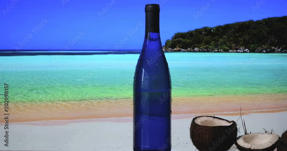 Blue bottle with water, background with sea and nature, blue water. Blue bottle with water, background with sea and nature, blue water.