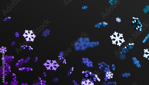 Abstract 3d rendering of flying snowflakes shapes. Winter background with bokeh effect. Design for poster, cover, branding, banner, placard.
