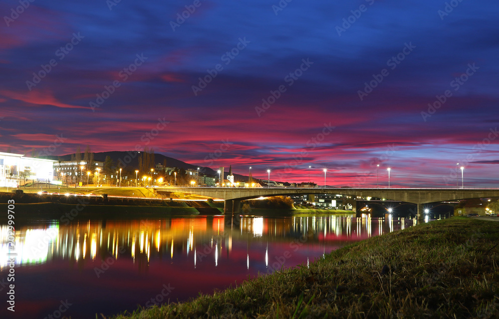 Sunset over Titov Bridge in Maribor city, Slovenia